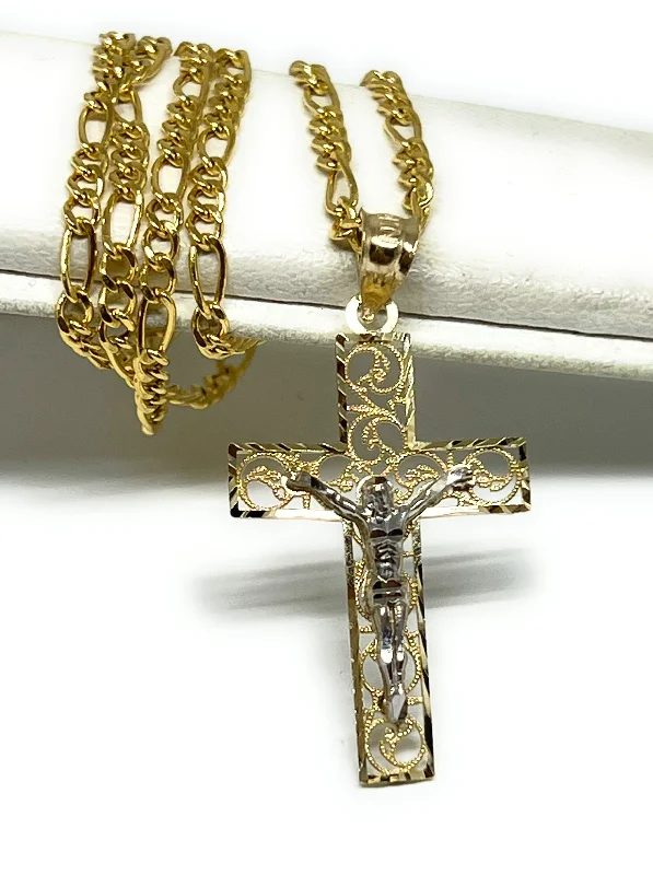 10k Solid Gold 2-Tone Filigran Jesus Cross Crucifix Pendant Necklace