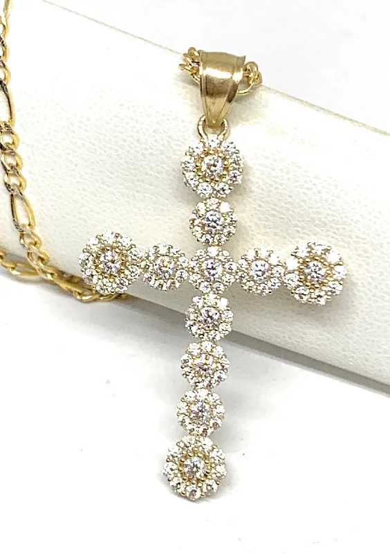 10k Solid Gold Full Cubic Zirconia CZ Cross Pendant Necklace