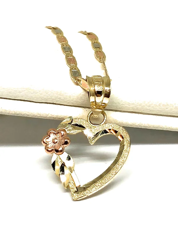 10k Solid Gold Tri-Color Heart Pendant Necklace Tri-Color Valentina Chain