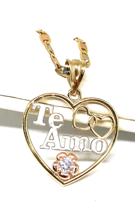 10k Solid Gold Tri-Color Heart “Te Amo” CZ Pendant Necklace Valentina Chain