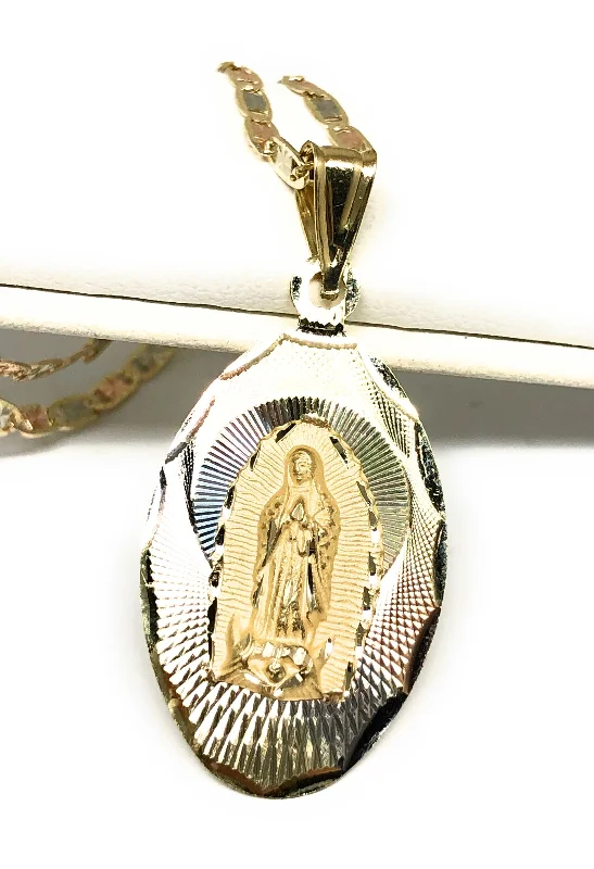 10k Solid Gold Tri-Color Oval Virrgin Mary Pendant Necklace Virrgen Gaudalupe Valentina Chain