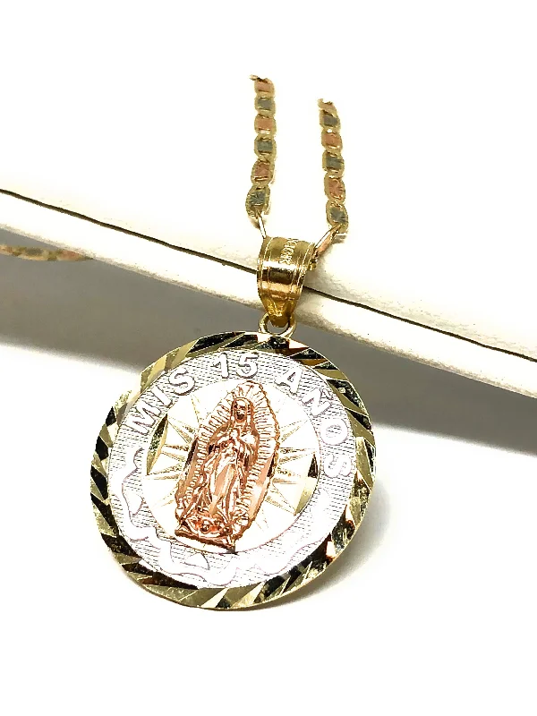 10k Solid Gold Tri-Color Virrgin Mary Mis 15 Años Pendant Necklace Virrgen Gaudalupe Valentina Chain