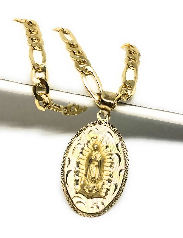 10k Solid Gold Yellow 2 Sided Virrgin Mary Jesus Christ Dos Lados Pendant Necklace with Chain