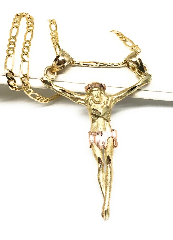 10k Solid Gold Yellow 2-Tone Jesus Body Crucifix Pendant Necklace