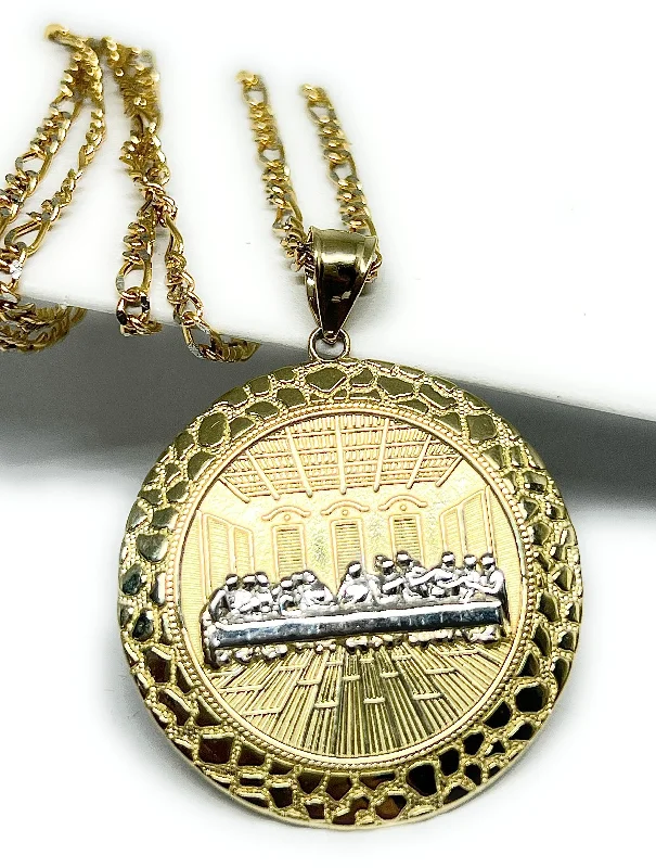 10k Solid Gold Yellow 2-Tone Jesus Last Supper CZ NUGGET BORDER Pendant Necklace