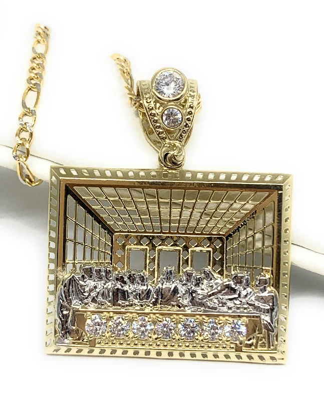 10k Solid Gold Yellow 2-Tone Jesus Last Supper CZ Pendant Necklace