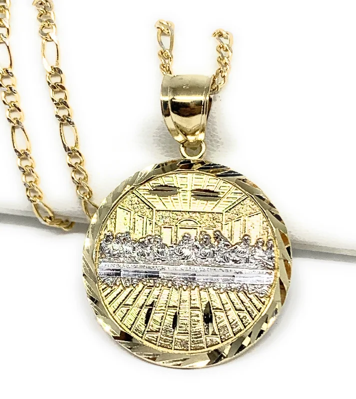 10k Solid Gold Yellow 2-Tone Jesus Last Supper Round Pendant Necklace