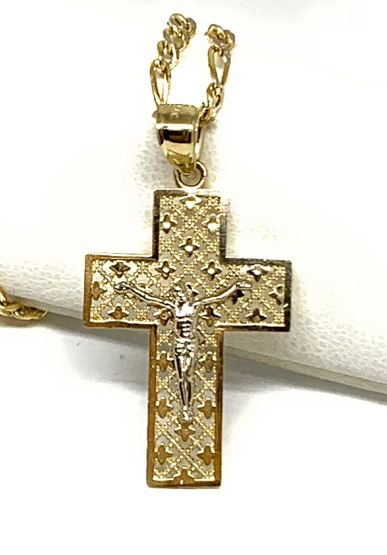 10k Solid Gold Yellow 2-Tone Jesus Layered Design Cross Crucifix Pendant Necklace