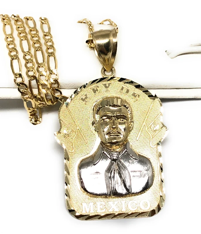 10k Solid Gold Yellow 2-Tone Big Jesus Malverde Sinaloa Pendant Necklace