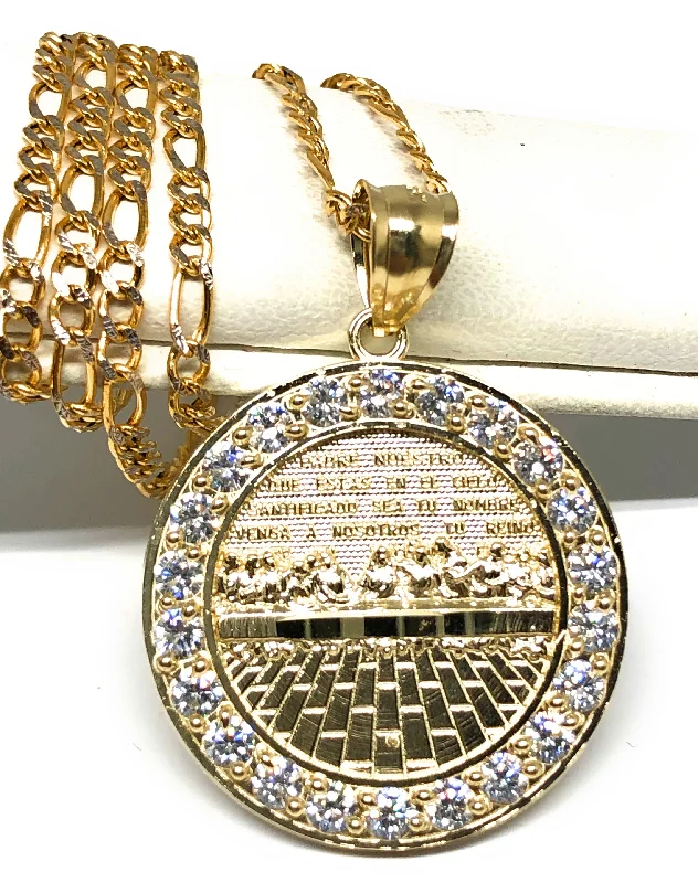 10k Solid Gold Yellow Jesus Last Supper CZ Pendant Necklace