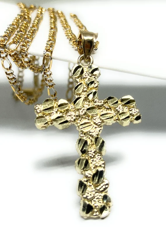 10k Solid Gold Yellow Nugget CROSS Pendant Necklace Figaro Chain