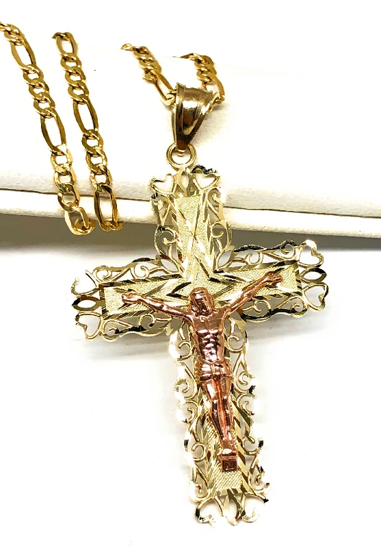 10k Solid Gold Yellow & Rose 2-Tone Jesus Cross Crucifix Pendant Necklace