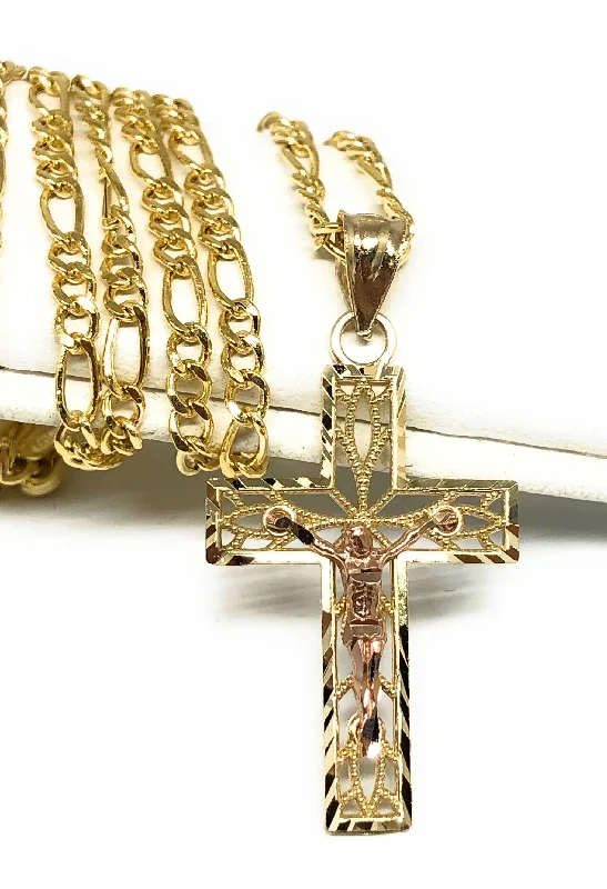 10k Solid Gold Yellow & Rose 2-Tone Jesus Cross Crucifix Pendant Necklace