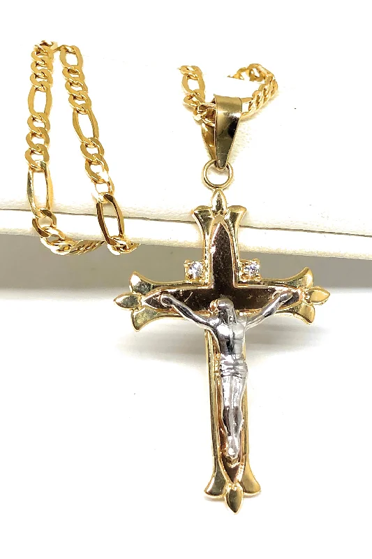 10k Solid Gold Yellow Tri-Color Jesus Cross Crucifix Pendant Necklace