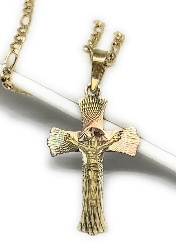 10k Solid Gold Yellow Tri-Color Jesus Cross Crucifix Pendant Necklace