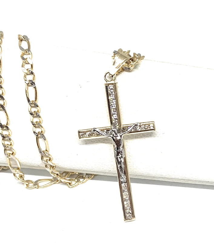 10k Solid Gold Yellow & White Gold Classic Jesus Crucifix Cross CZ Pendant