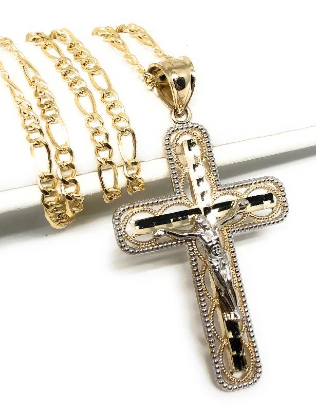 14k Solid Gold 2-Tone Classic Jesus Cross Pendant Necklace Crucifix With Figaro Chain