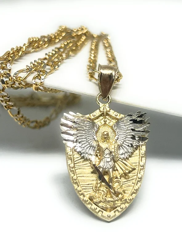 14k Solid Gold 2-Tone St. Michael Archangel 3D SHIELD Pendant Necklace