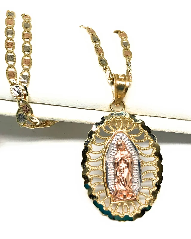 14k Solid Gold Tri-Color Virrgin Mary Pendant Virrgen Guadalupe Tri-Color Valentina Chain 1.9mm