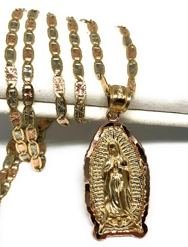 14k Solid Gold Yellow & Rose Virrgin Mary Pendant Virrgen Guadalupe Valentina Chain