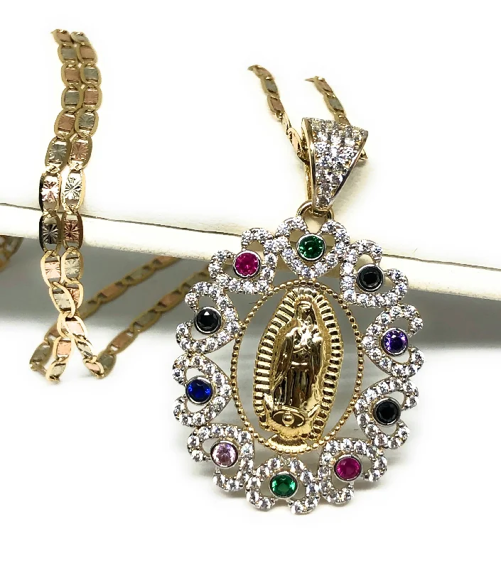 14k Solid Gold Virrgin Mary Colorful Fancy Elegant CZ Pendant  Virrgen Guadalupe Valentina Chain