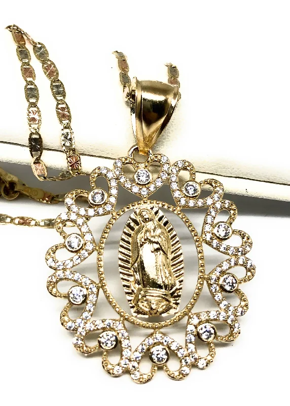 14k Solid Gold Virrgin Mary Fancy Elegant CZ Pendant  Virrgen Guadalupe Valentina Chain