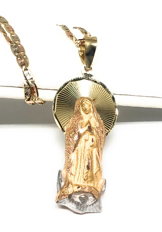 14k Solid Gold Yellow Classic Virrgin Mary Pendant Virrgen Guadalupe W/ Chain Options