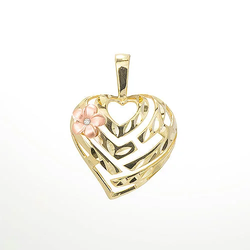 Aloha Heart Plumeria Pendant in Two Tone Gold with Diamond - 18mm