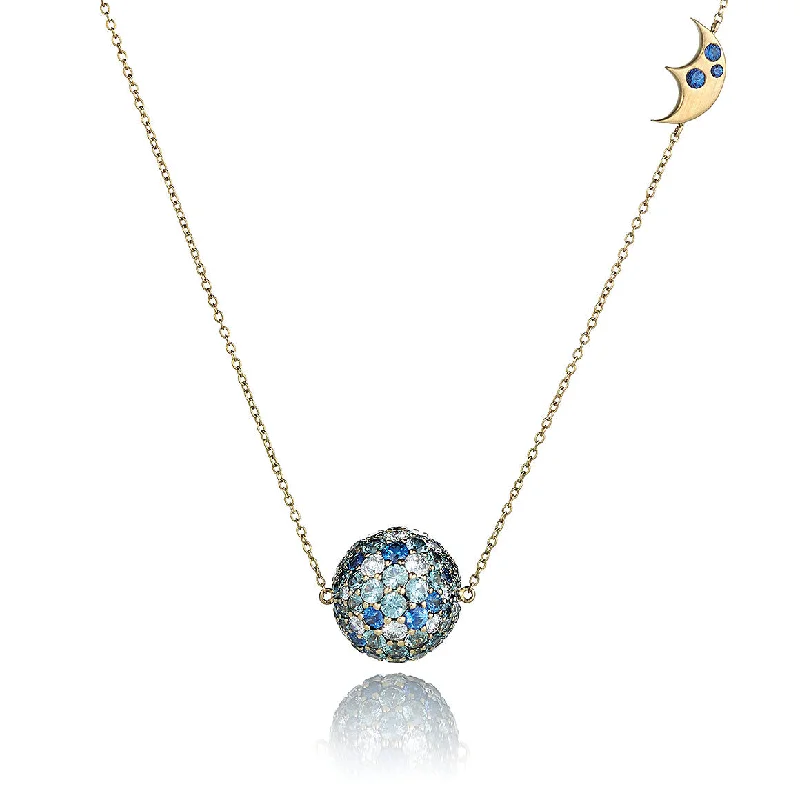 BLUE SAPPHIRE pavé ball pendant with  crescent moon motif charm