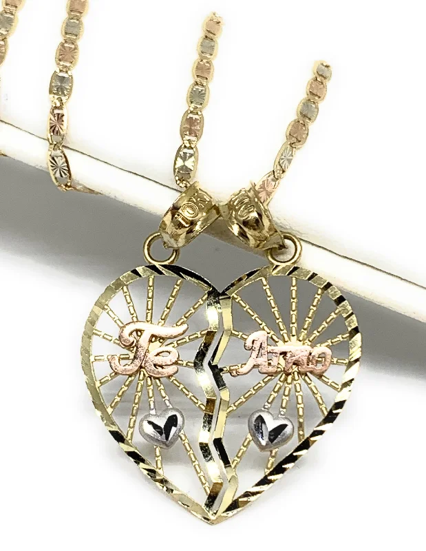 10k Solid Gold Yellow & Rose Gold "Te Amo" Heart Split Clear Pendant With Chain