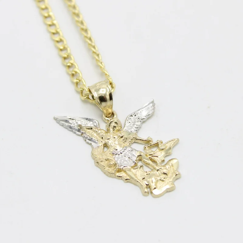 14K San Miguel Arcangel With Cuban Chain Yellow Gold