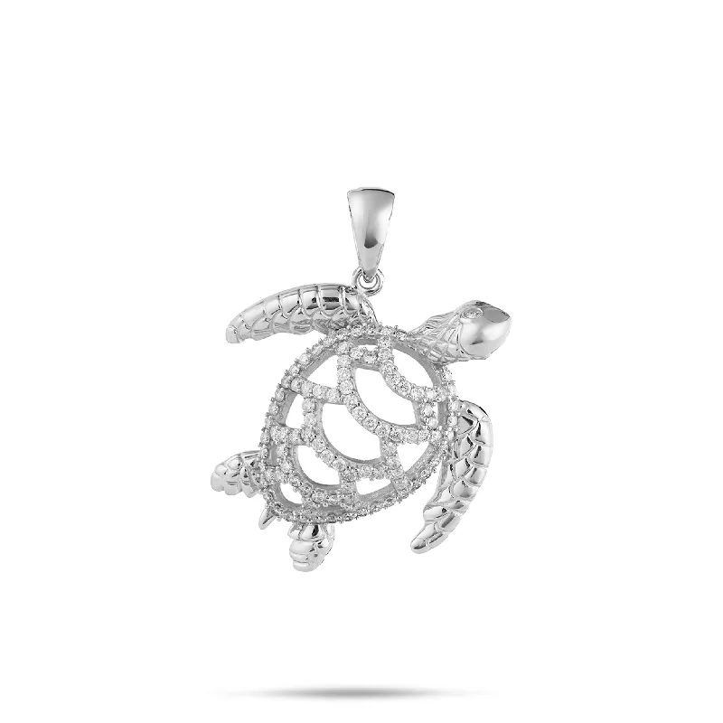 Honu Pendant in White Gold with Diamonds - 28mm