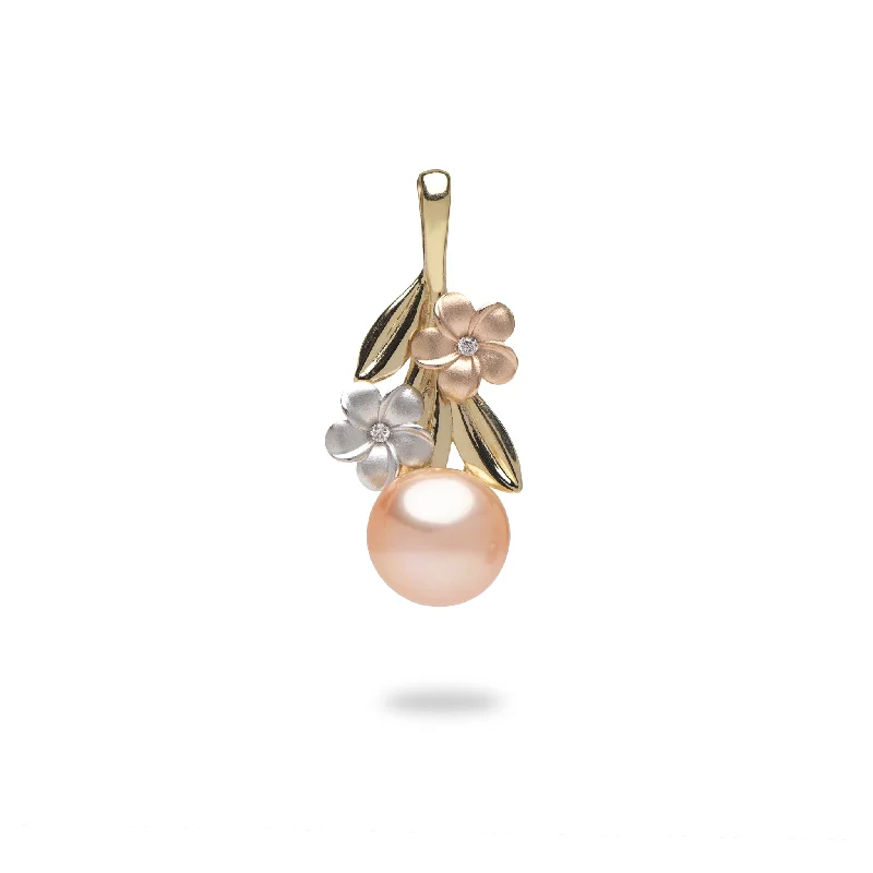 Pearls in Bloom Plumeria Peach Freshwater Pearl Pendant in Tri Color Gold with Diamonds