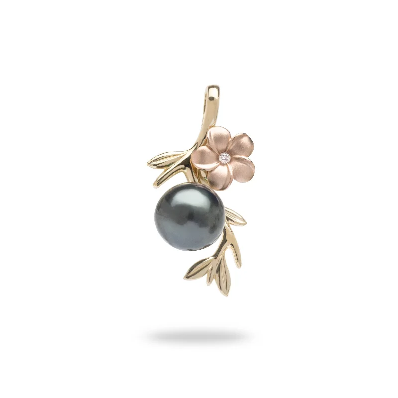 Pearls in Bloom Plumeria Tahitian Black Pearl Pendant in Two Tone Gold with Diamond - 25mm