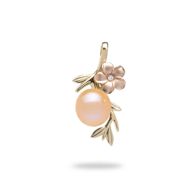 Pearls in Bloom Plumeria Peach Freshwater Pearl Pendant in Two Tone Gold with Diamonds - 8mm