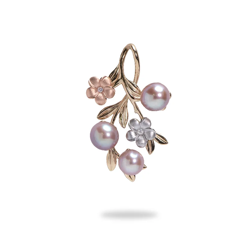 Pearls in Bloom Plumeria Lavender Freshwater Pearl Pendant in Tri Color Gold with Diamonds - 36mm