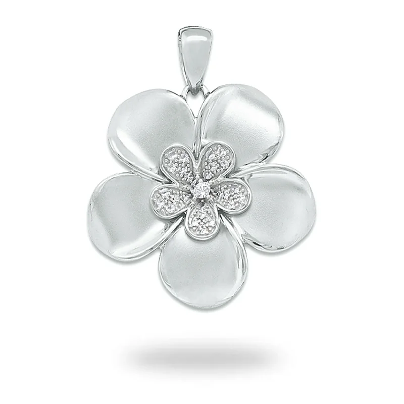 Plumeria Pendant in White Gold with Diamonds - 28mm