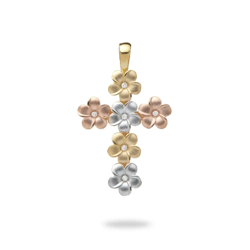 Plumeria Cross Pendant with Diamonds in Tri Color Gold - 25mm