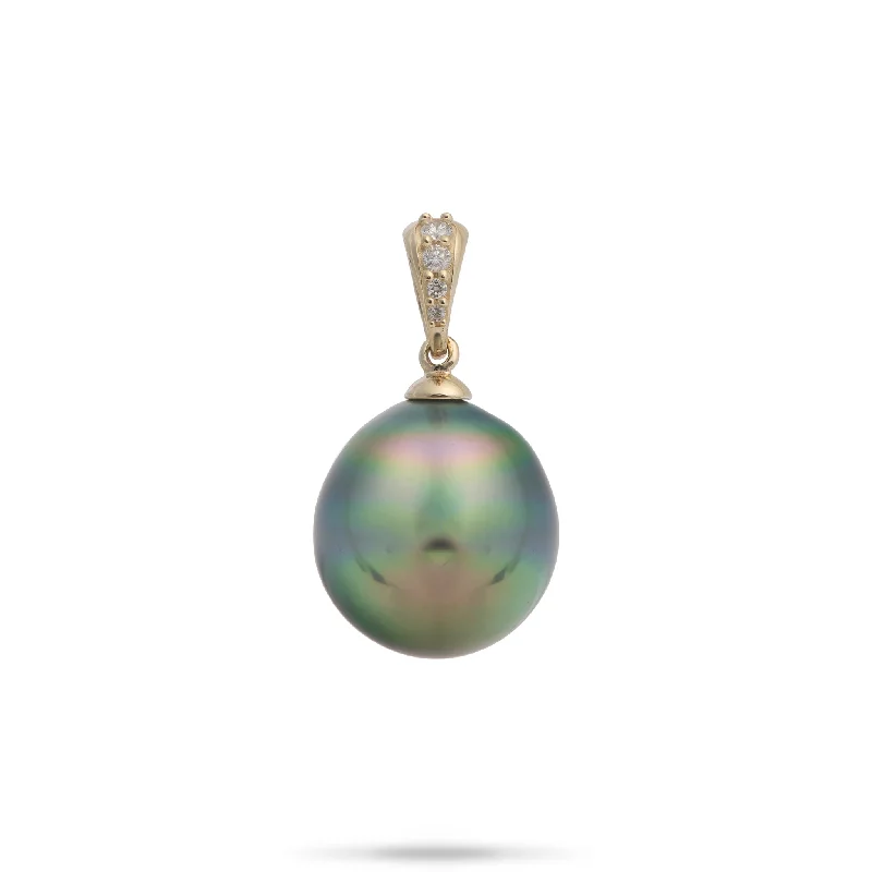 Tahitian Black Pearl Pendant in Gold with Diamonds - 12-15mm