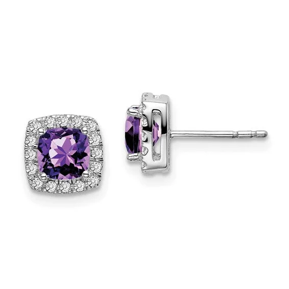 14k White Gold Amethyst Post Earrings with Diamond Halo