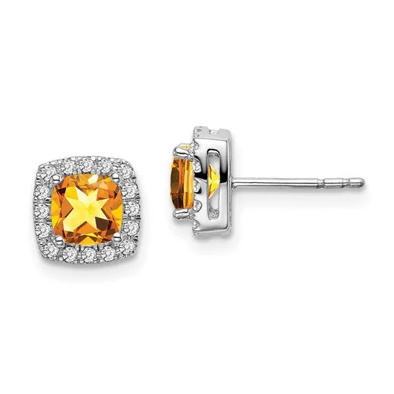 14k White Gold Cushion Citrine and Diamond Halo Earrings