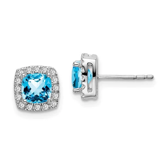 14k White Gold Cushion Cut Blue Topaz and Diamond Halo Post Earrings