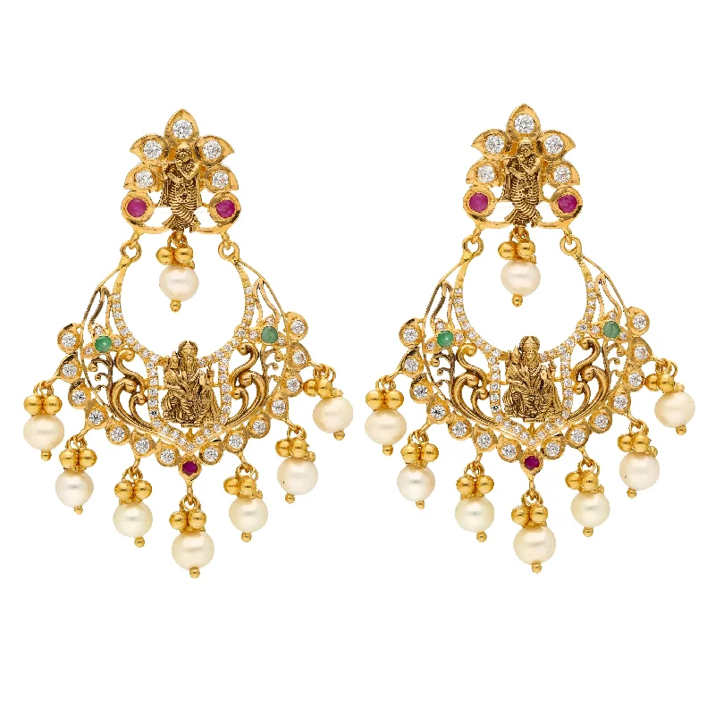 22K Yellow Gold, Emerald, Ruby, and CZ Chanbdali Temple Earrings (18.7 grams)