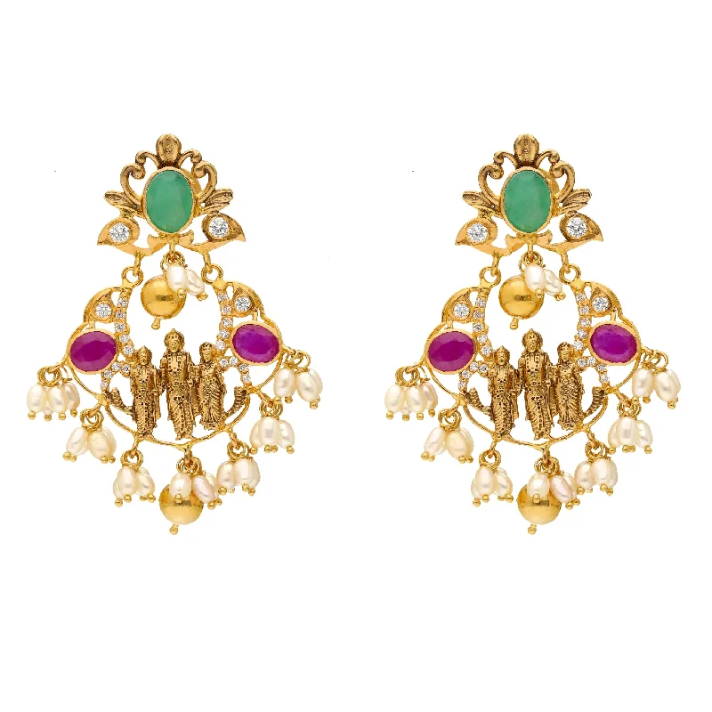 22K Yellow Gold, Emerald, Ruby, Pearls and CZ Chandbali Temple Earrings (15.8 grams)