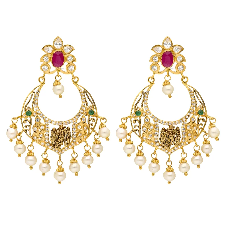 22K Yellow Gold, Emerald, Ruby, Pearls and CZ Chandbali Temple Earrings (17.5 grams)