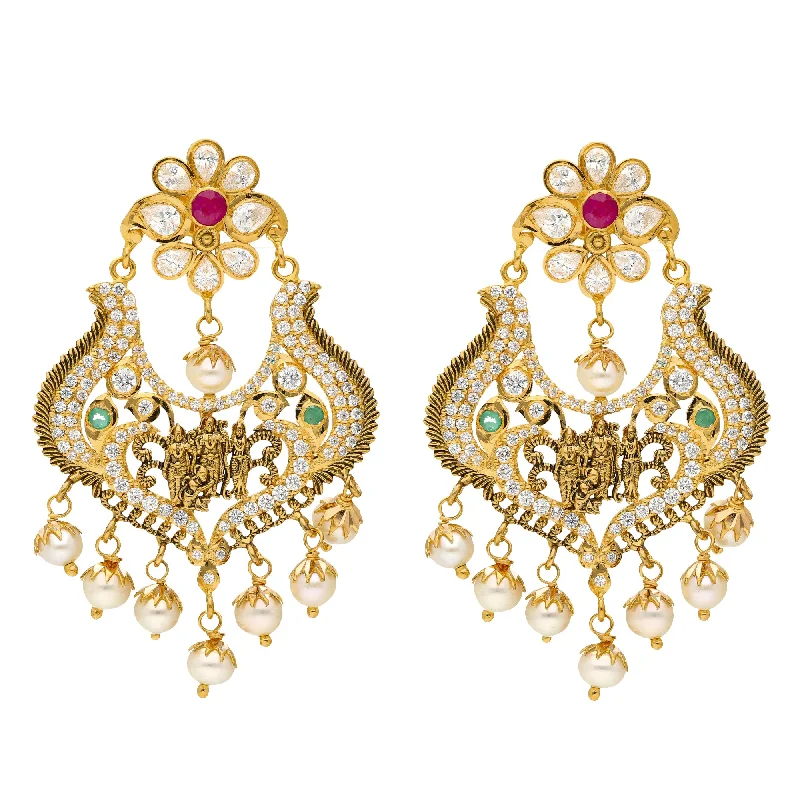 22K Yellow Gold, Emerald, Ruby, Pearls and CZ Temple Earrings (19 grams)