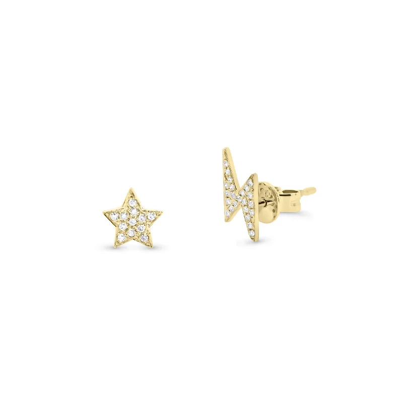 Diamond Lightning Bolt & Star Stud Earrings