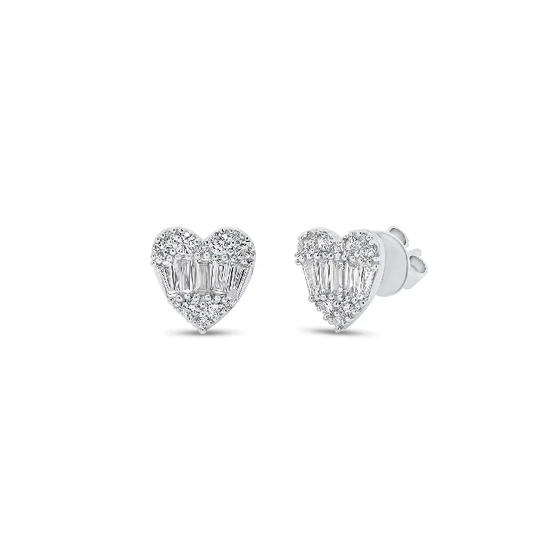 Round & Baguette Diamond Heart Stud Earrings