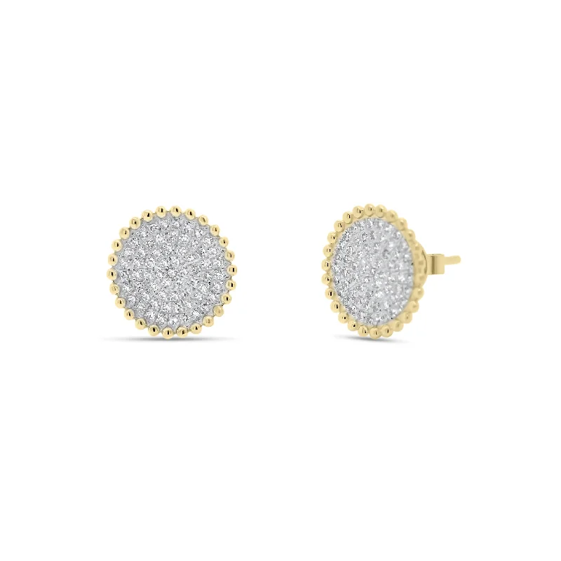 Diamond Button Stud Earrings with Beaded Gold