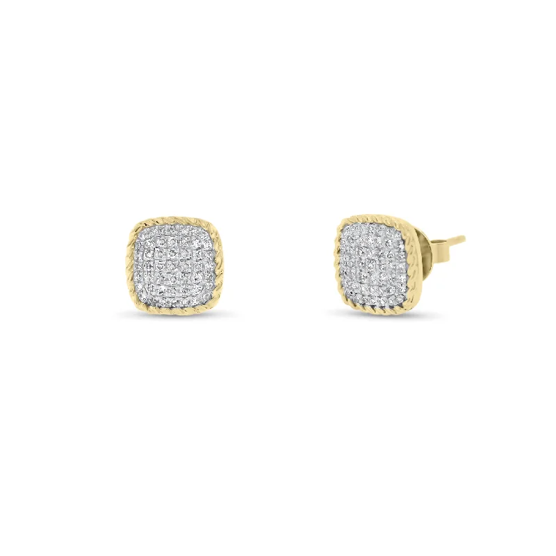 Diamond Cushion-Shaped Stud Earrings with Braided Gold